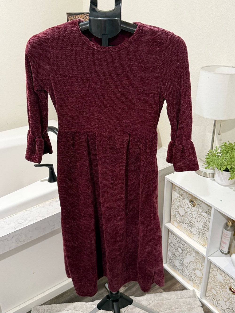 Beeson River Burgundy Knit Babydoll Dress Bell Sleeves Size Small
